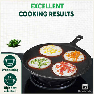 CASTrong Cast Iron Uttapam/ Set Dosa Tawa, 4 Pit,Pre-seasoned, 100% Pure, Toxin-free, Induction, 27.5cm