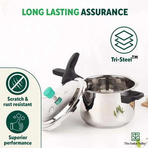 QuicKooker Stainless Steel Pressure Cooker, Premium Quality, Tri-ply (3 Layer) Heavy Bottom, 100% Safe, ISI Certified, 3 Yr Warranty, Induction & Gas, 3/4.5L