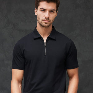 Rare Rabbit Men's Prin-2 Black Cotton Lycra Fabric Short Sleeve Collared Neck Zipper Closure Plain Polo
