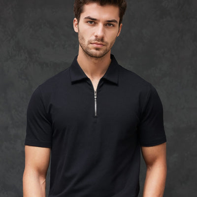 Rare Rabbit Men's Prin-2 Black Cotton Lycra Fabric Short Sleeve Collared Neck Zipper Closure Plain Polo