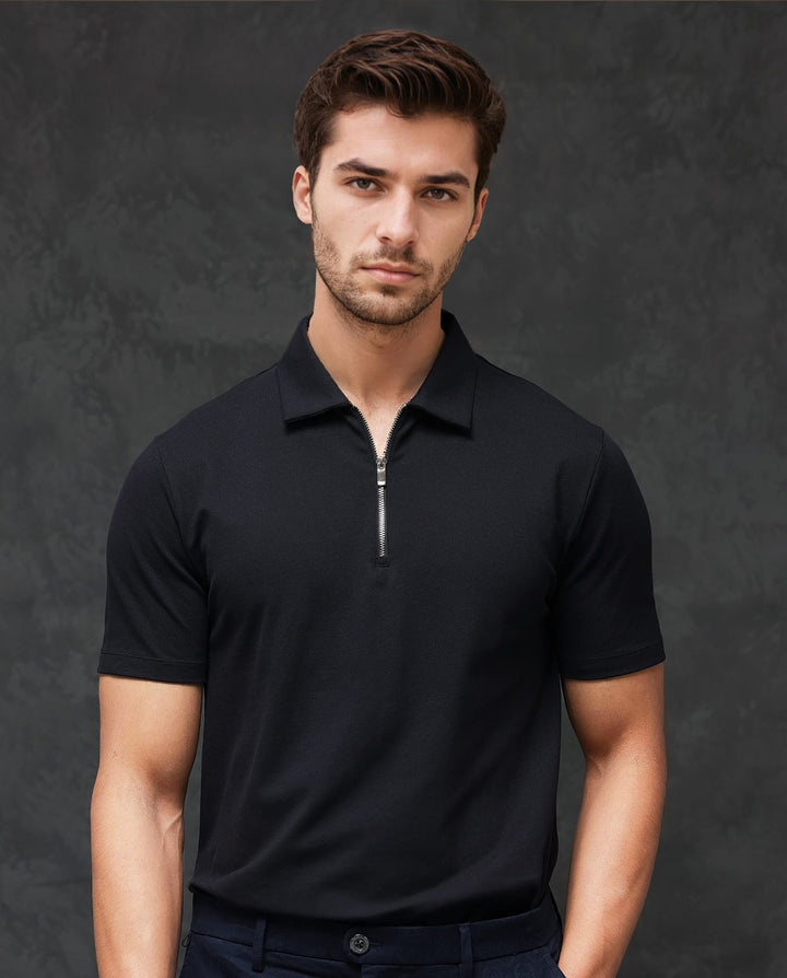 Rare Rabbit Mens Prin-1 Black Cotton Fabric Collared Neck Zipper Closure Half Sleeves Polo T-Shirt