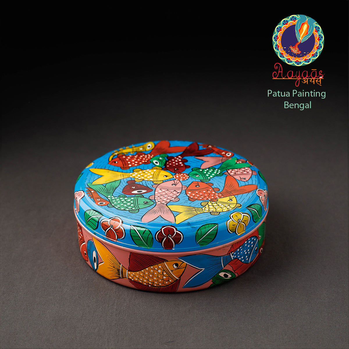 Blue - Bengal Patua Handpainted Stainless Steel Masala Box (7.5 x 7.5 in)