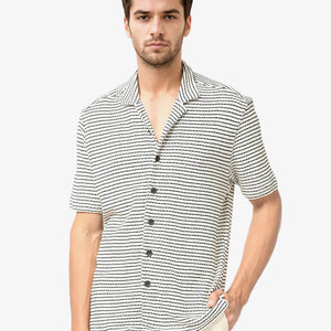 Rare Rabbit Men's Puller Off White Cotton Polyester Fabric Cuban Collar Half Sleeves Striped Shirt