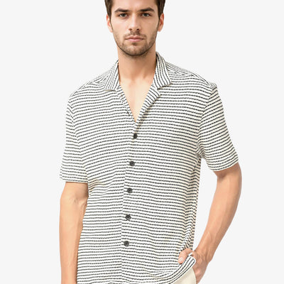 Rare Rabbit Men's Puller Off White Cotton Polyester Fabric Cuban Collar Half Sleeves Striped Shirt