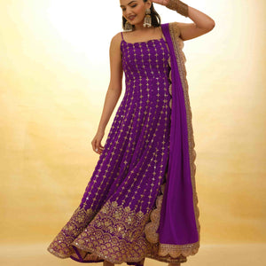 Purple Georgette Dress with Embroidery & Sequins – Ready to Wear