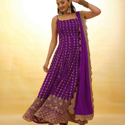 Purple Georgette Dress with Embroidery & Sequins – Ready to Wear