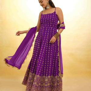Purple Georgette Dress with Embroidery & Sequins – Ready to Wear