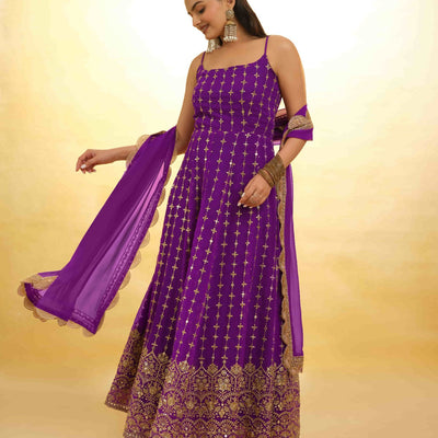Purple Georgette Dress with Embroidery & Sequins – Ready to Wear