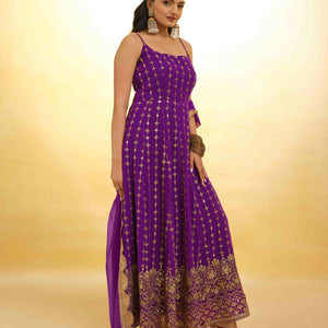 Purple Georgette Dress with Embroidery & Sequins – Ready to Wear