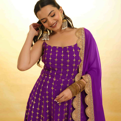 Purple Georgette Dress with Embroidery & Sequins – Ready to Wear