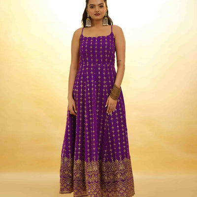 Purple Georgette Dress with Embroidery & Sequins – Ready to Wear