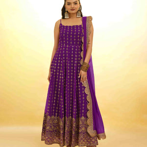 Purple Georgette Dress with Embroidery & Sequins – Ready to Wear