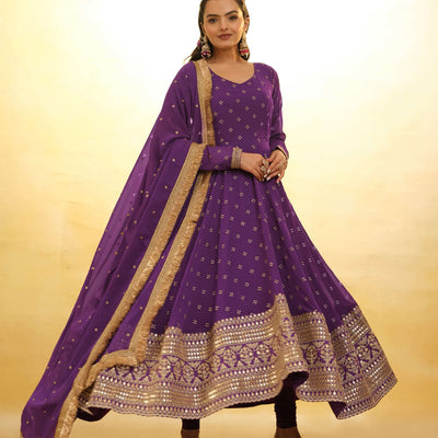Purple Georgette Suit with Embroidery and Shantoon Bottom