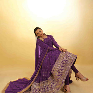 Purple Georgette Suit with Embroidery and Shantoon Bottom