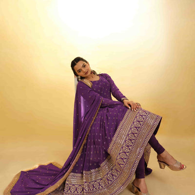 Purple Georgette Suit with Embroidery and Shantoon Bottom