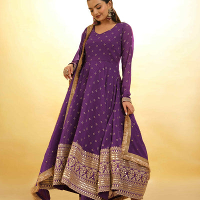 Purple Georgette Suit with Embroidery and Shantoon Bottom