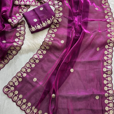 Purple Jimmy Choo Saree with Beautiful Jaipuri Gota Work – Complete with Matching Running Blouse