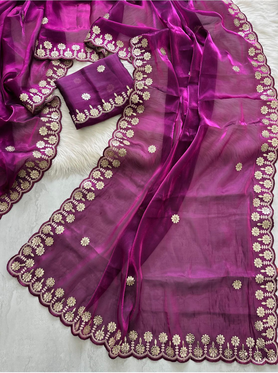 Purple Jimmy Choo Saree with Beautiful Jaipuri Gota Work – Complete with Matching Running Blouse