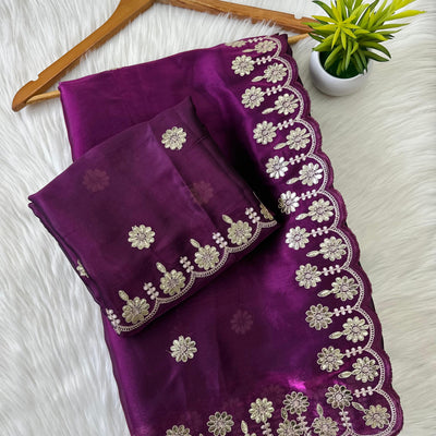 Purple Jimmy Choo Saree with Beautiful Jaipuri Gota Work – Complete with Matching Running Blouse
