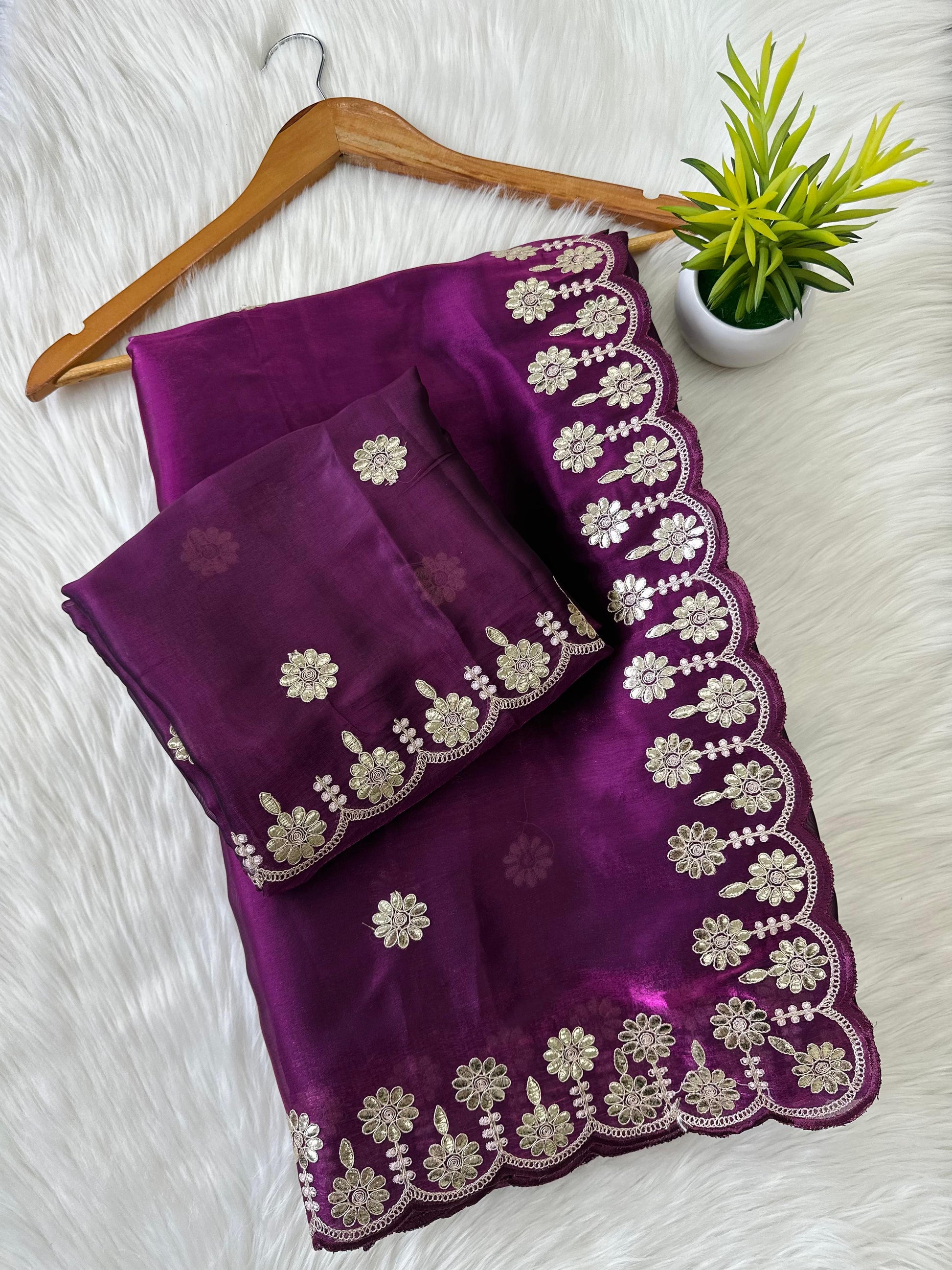 Purple Jimmy Choo Saree with Beautiful Jaipuri Gota Work – Complete with Matching Running Blouse