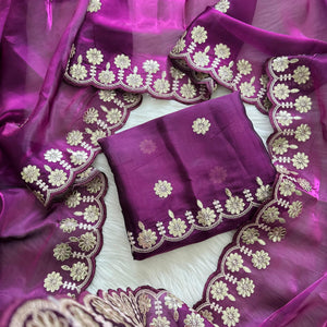 Purple Jimmy Choo Saree with Beautiful Jaipuri Gota Work – Complete with Matching Running Blouse