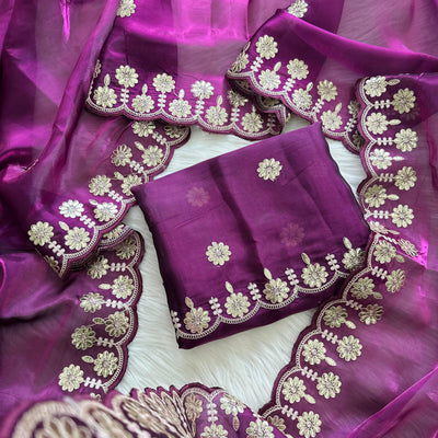 Purple Jimmy Choo Saree with Beautiful Jaipuri Gota Work – Complete with Matching Running Blouse