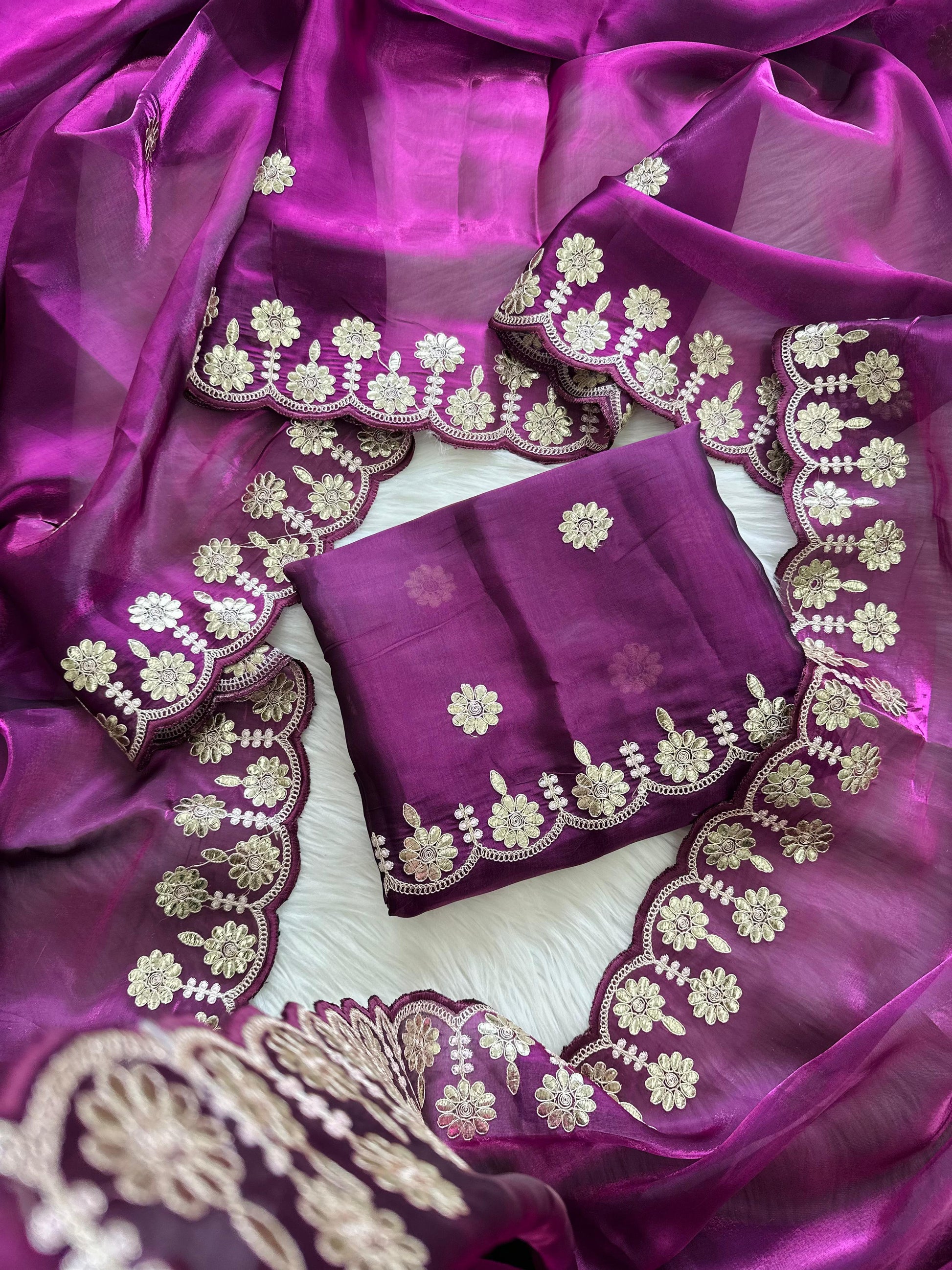 Purple Jimmy Choo Saree with Beautiful Jaipuri Gota Work – Complete with Matching Running Blouse