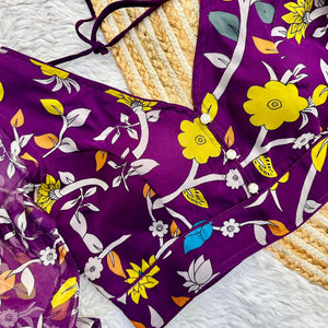 Purple Kalamkari Print Rajbhog Organza Blouse with Elegant Buttons