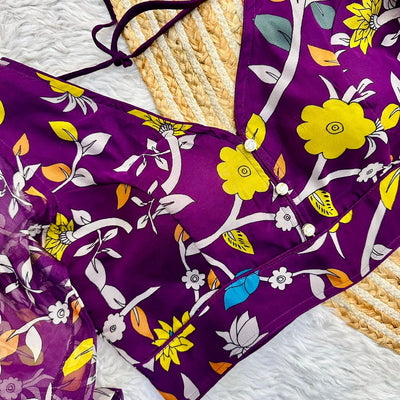 Purple Kalamkari Print Rajbhog Organza Blouse with Elegant Buttons