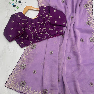 Purple Kasoli Silk Saree with Beautiful Embroidery and Contrast Thread Work