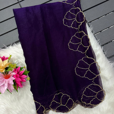Purple Lotus Jari Silk Saree with Exquisite Golden Handwork & Running Blouse