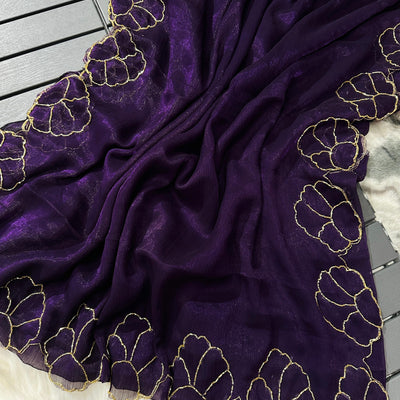Purple Lotus Jari Silk Saree with Exquisite Golden Handwork & Running Blouse