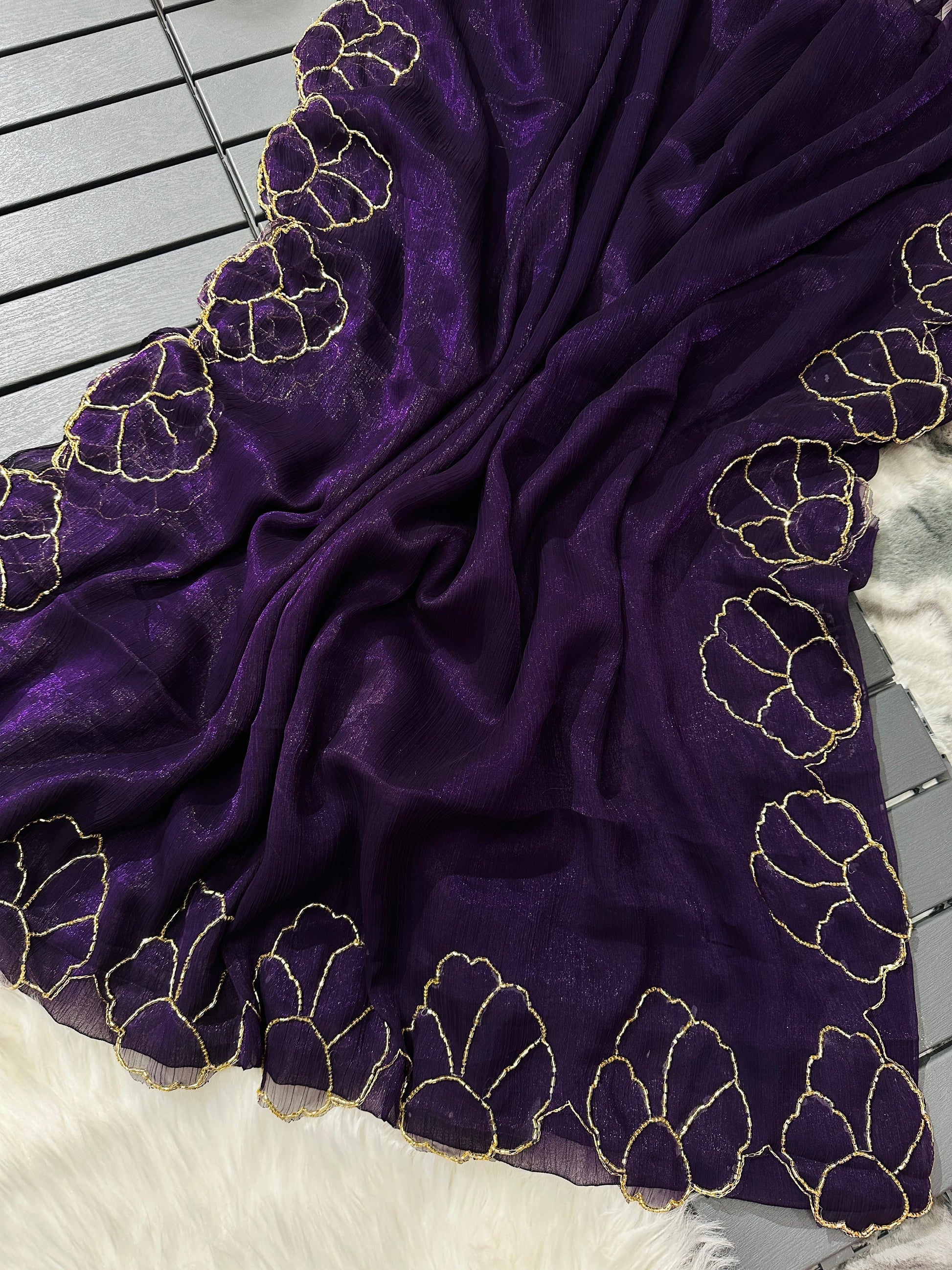 Purple Lotus Jari Silk Saree with Exquisite Golden Handwork & Running Blouse