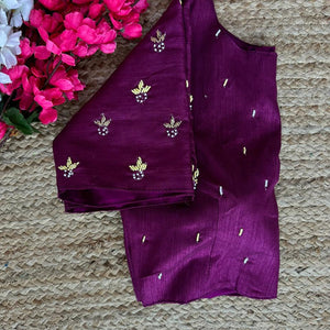 Purple Pearl-Embellished german silk Blouse with Handcrafted Golden Work