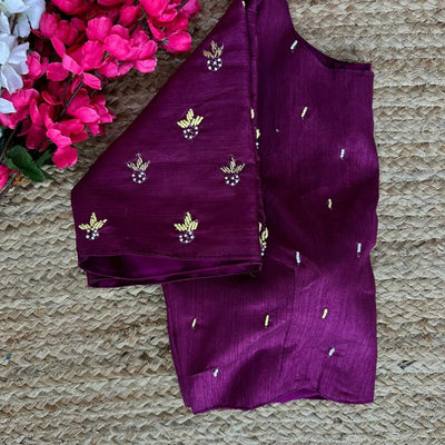 Purple Pearl-Embellished german silk Blouse with Handcrafted Golden Work