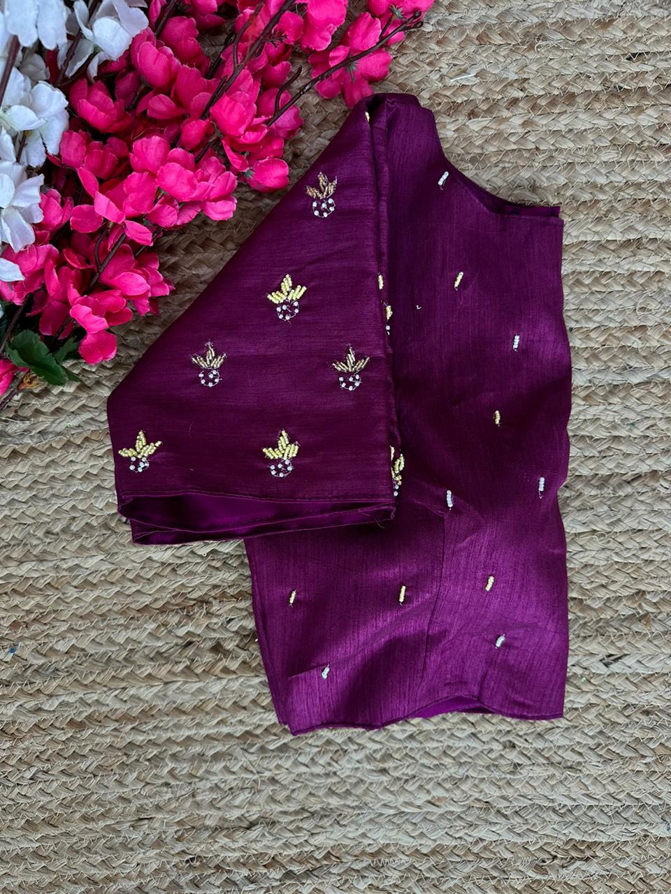 Purple Pearl-Embellished german silk Blouse with Handcrafted Golden Work
