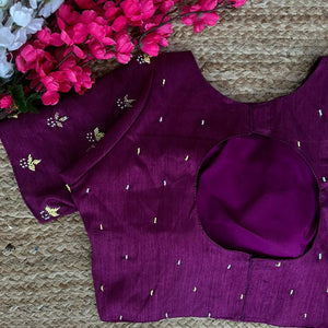 Purple Pearl-Embellished german silk Blouse with Handcrafted Golden Work