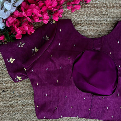 Purple Pearl-Embellished german silk Blouse with Handcrafted Golden Work
