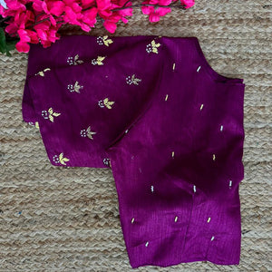 Purple Pearl-Embellished german silk Blouse with Handcrafted Golden Work