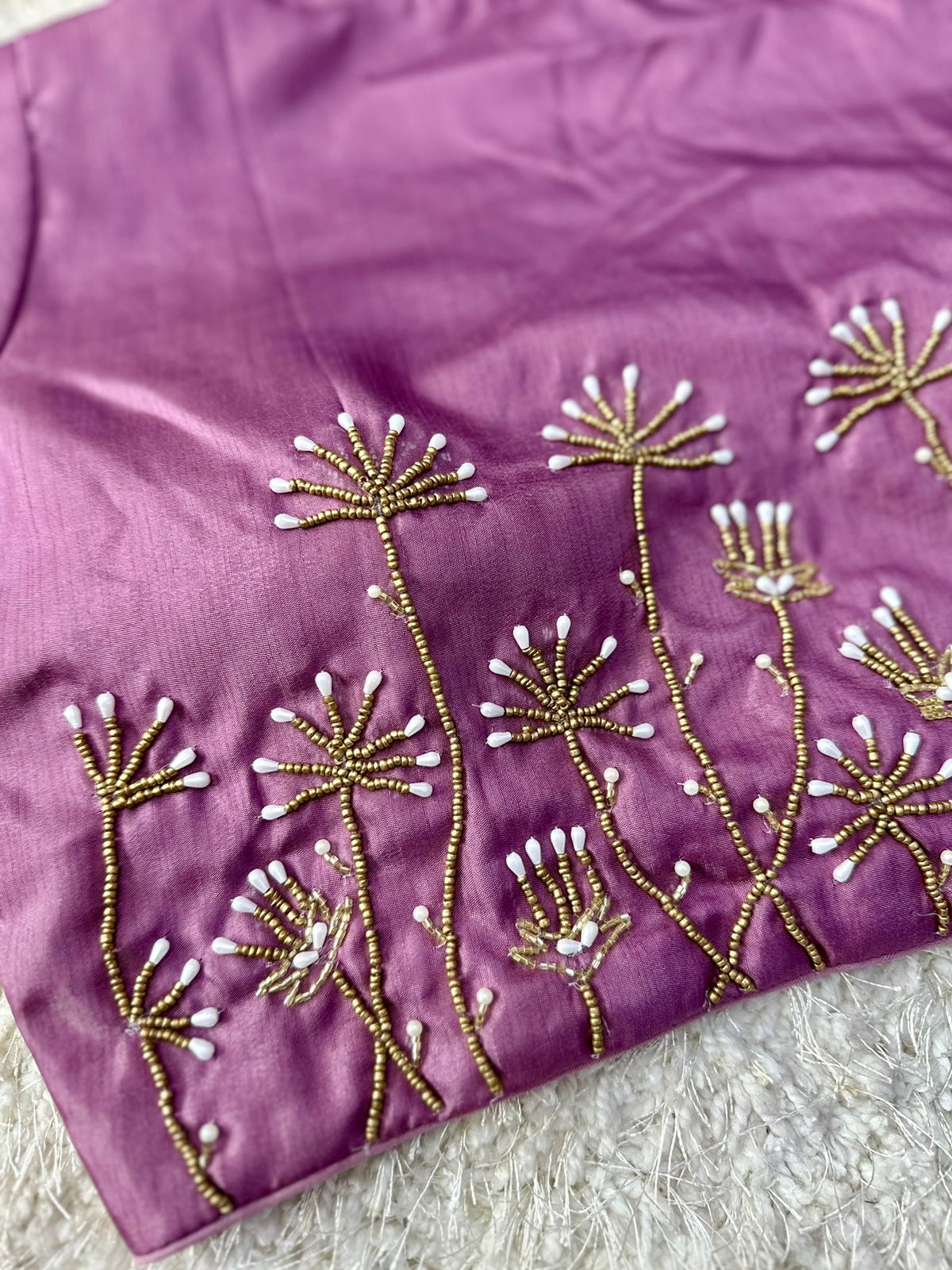 Purple Pista Silk Blouse with Handwork and Designer Handcrafted Collar