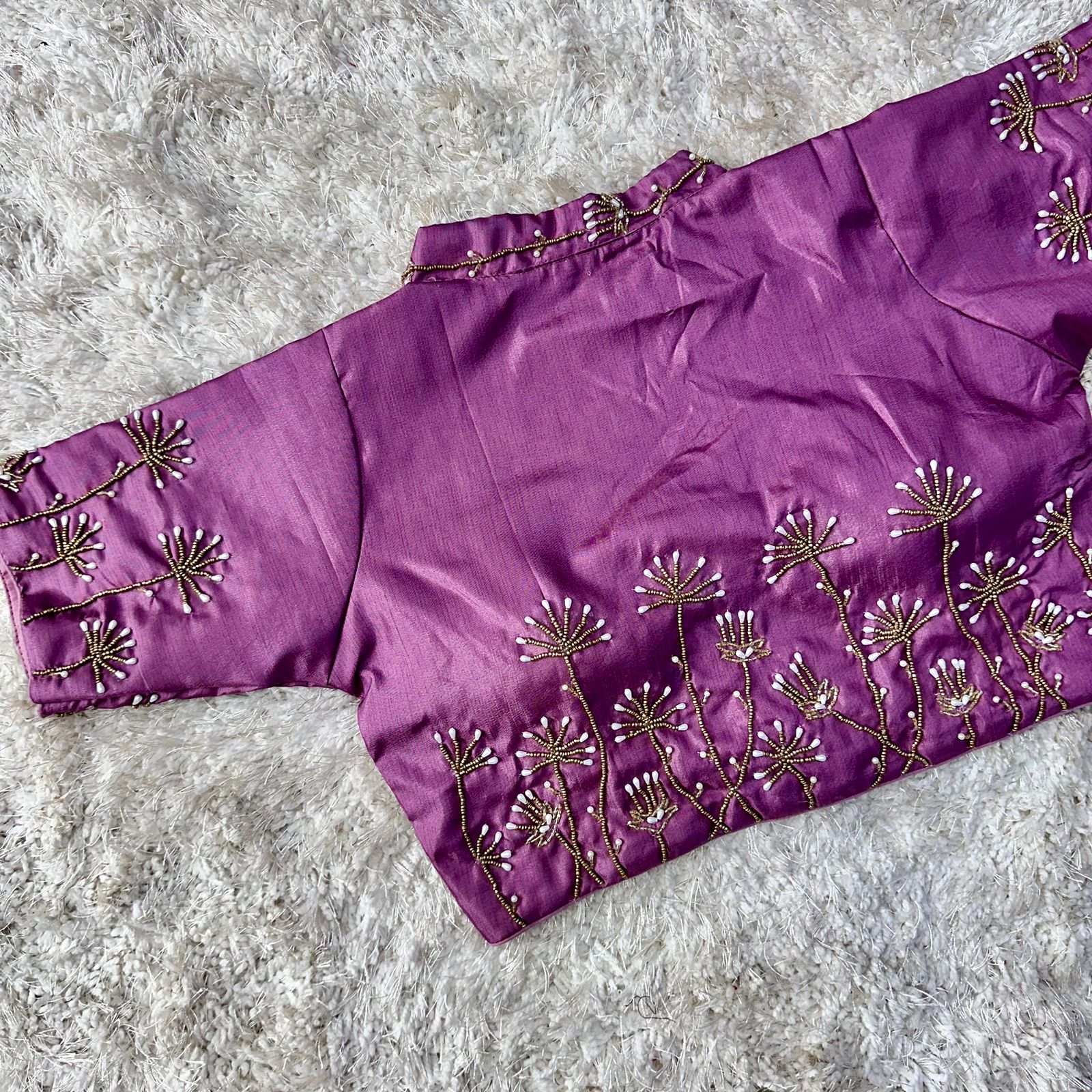 Purple Pista Silk Blouse with Handwork and Designer Handcrafted Collar