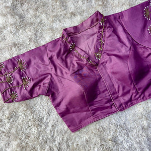 Purple Pista Silk Blouse with Handwork and Designer Handcrafted Collar