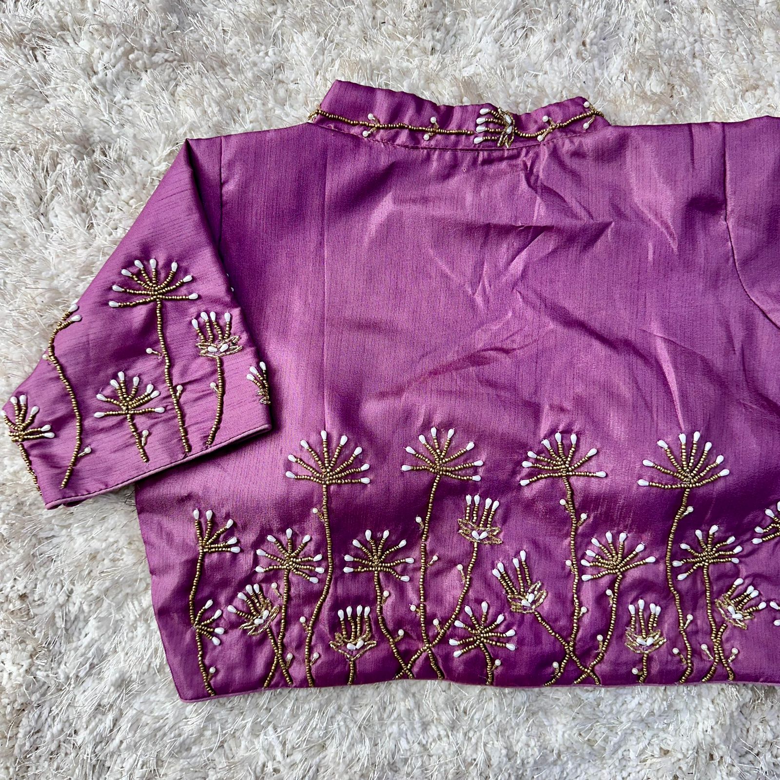 Purple Pista Silk Blouse with Handwork and Designer Handcrafted Collar