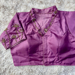 Purple Pista Silk Blouse with Handwork and Designer Handcrafted Collar