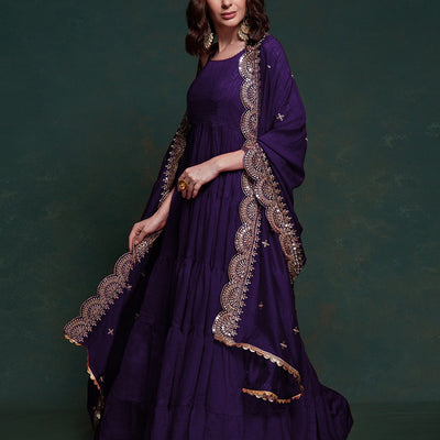 Purple Silk Gown with Sequins and Zari Embellishments