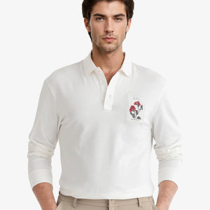 Rare Rabbit Men's Raz Off White Collared Neck Statement Chest Label Full Sleeve Polo T-Shirt