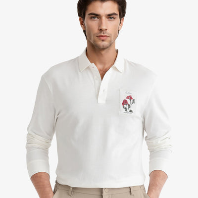 Rare Rabbit Men's Raz Off White Collared Neck Statement Chest Label Full Sleeve Polo T-Shirt