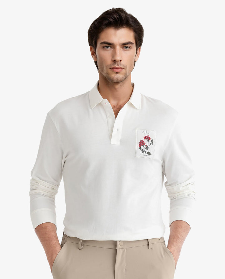 Rare Rabbit Men's Raz Off White Collared Neck Statement Chest Label Full Sleeve Polo T-Shirt