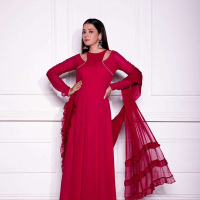 Red Georgette Gown with Matching Dupatta