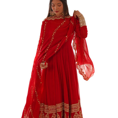 Red Georgette Gown with Sequins and Zari Detailing